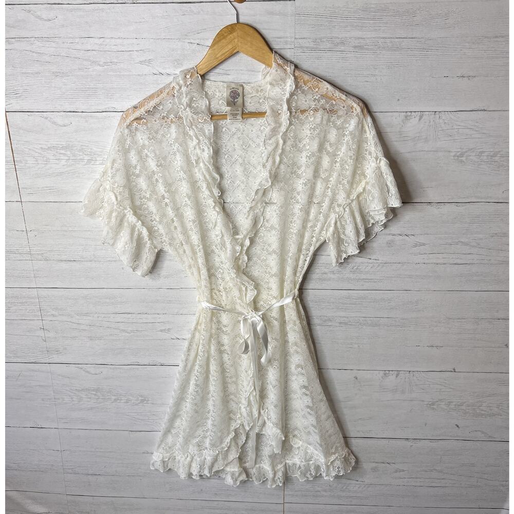 In Bloom by Jonquil Robe Womens Size Small Ivory Retro Lace Wrap Babydoll Floral - Picture 4 of 16